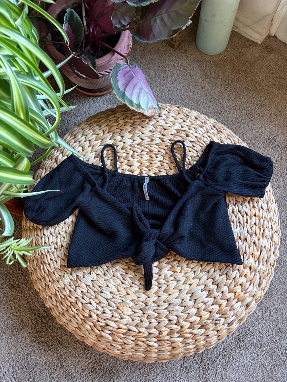 Vintage Black Off-Shoulder Tie-Front Crop Top